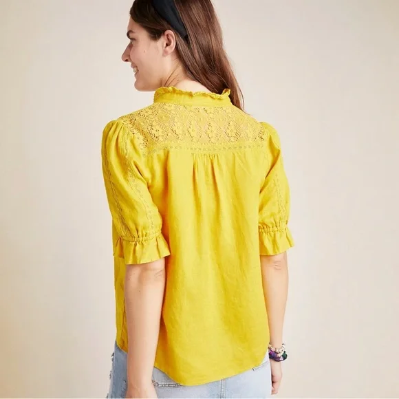 Anthro Maeve Magritte Linen Puff Sleeve Button Font Blouse Size 2 Yellow Gold - Picture 3 of 12